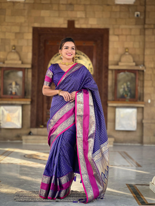 Vaanika - Luxe Soft Kanjivaram Saree with Chequered Zari and Regal Borders