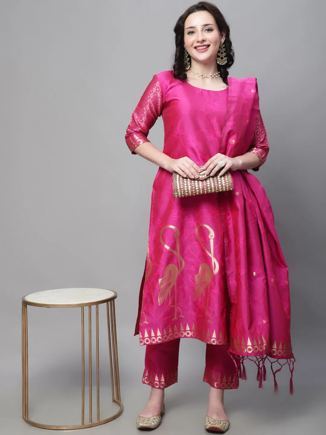 Zari Zest – Festive Silk Suit with Bird Motifs & Jacquard Sleeves