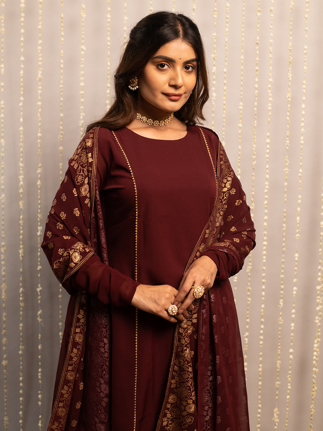 Maroon Elegance – Straight Kurta Set with Gold Foil Dupatta