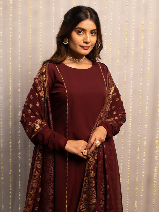 Maroon Elegance – Straight Kurta Set with Gold Foil Dupatta