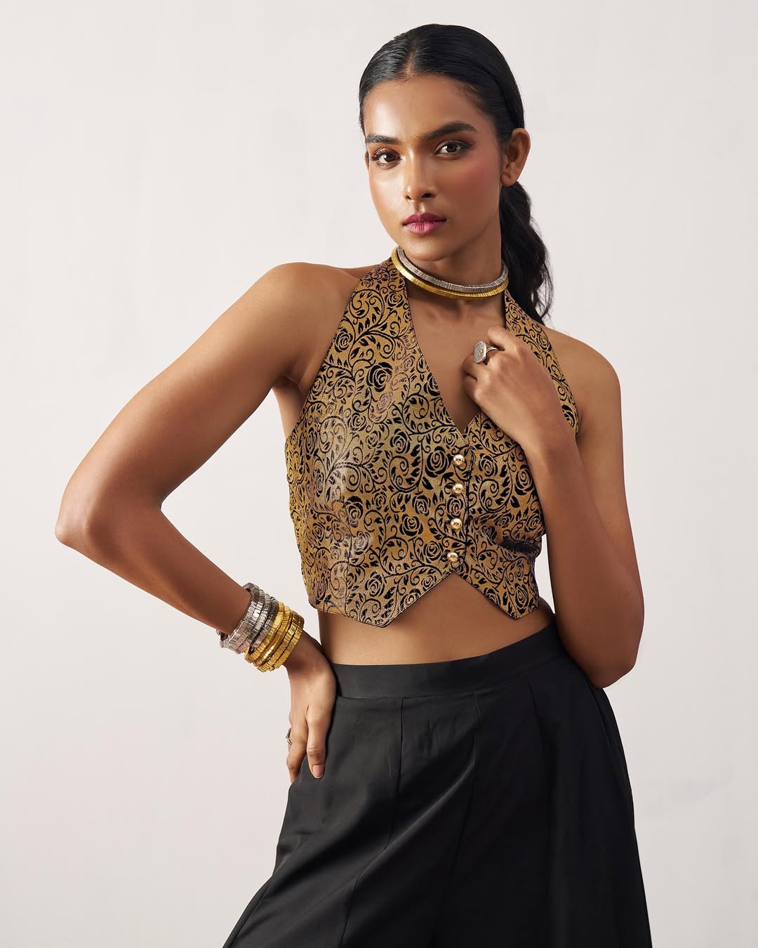 Regal Bloom - Brocade Halter Crop Top with Palazzo
