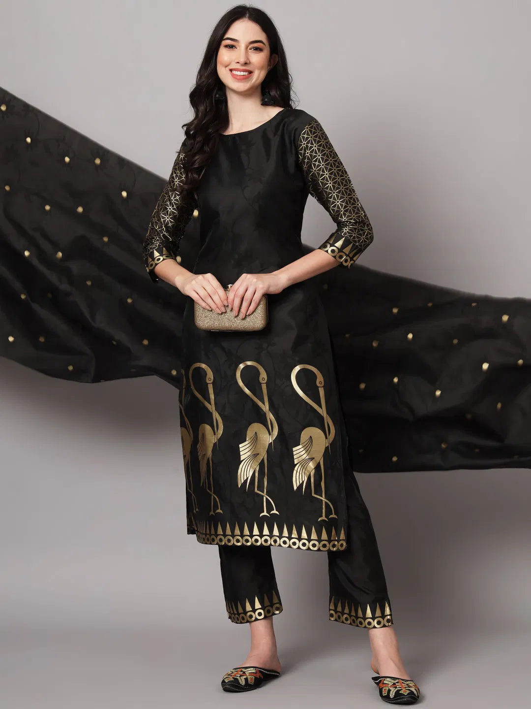 Zari Zest – Festive Silk Suit with Bird Motifs & Jacquard Sleeves