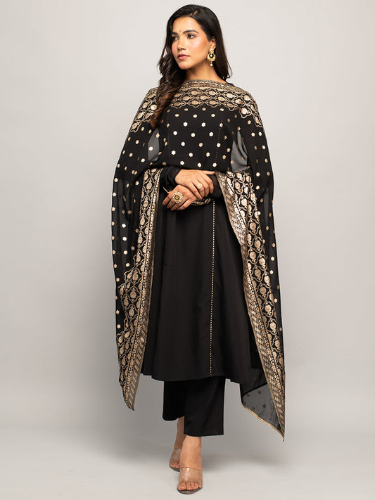 Midnight Elegance - Black Crepe Kurta Set with Golden Zari Dupatta