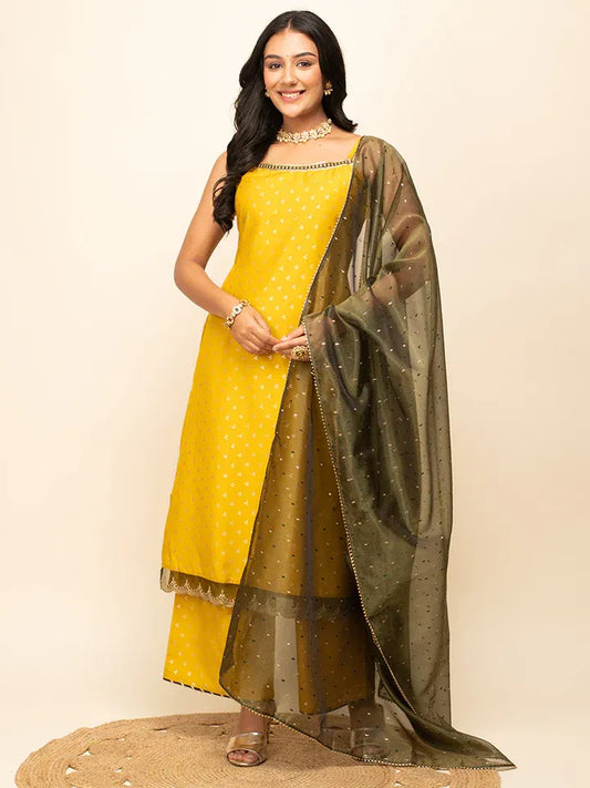Zest & Zari - Mustard Muslin Suit with Gota Lace and Contrast Dupatta