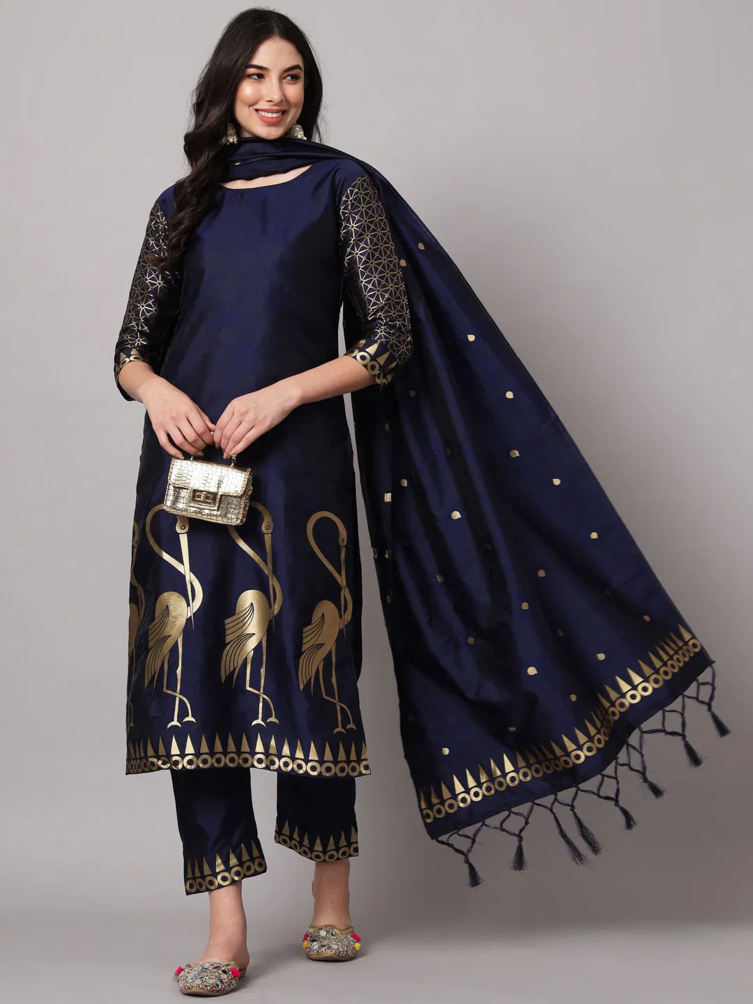 Zari Zest – Festive Silk Suit with Bird Motifs & Jacquard Sleeves