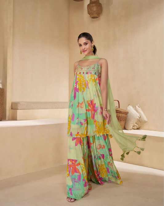 Mint Melody - Pastel Green Floral Pleated Suit
