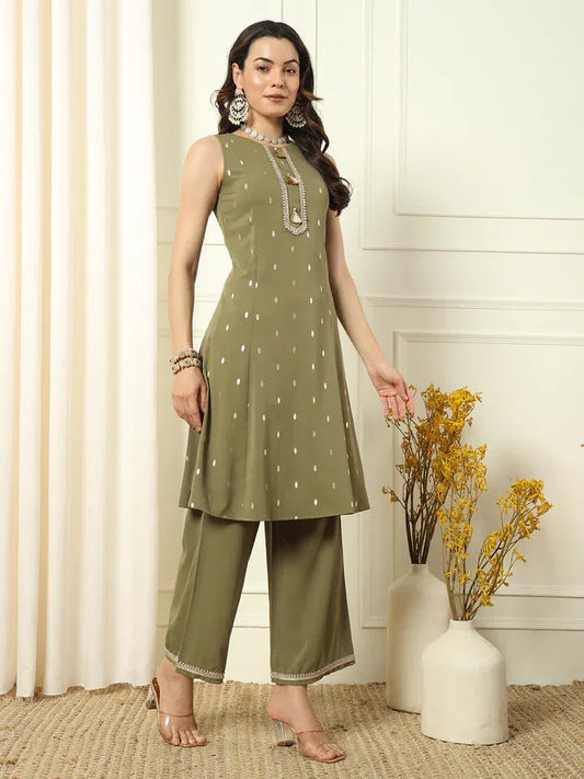 Olive Grace – Sleeveless Straight Kurta Palazzo Suit