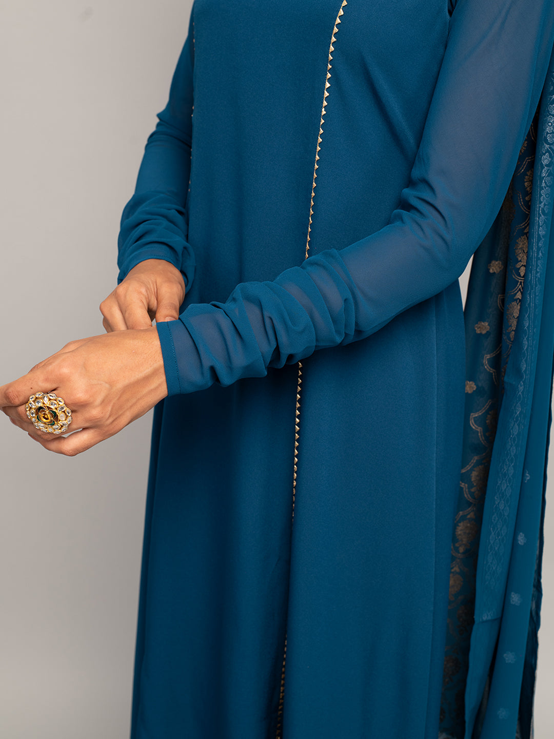 Teal Elegance - Blue Crepe Kurta Set with Jacquard Dupatta