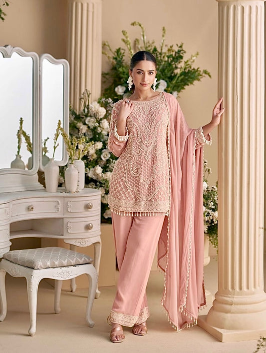Blush Elegance – Georgette Embroidered Indo-Western Suit