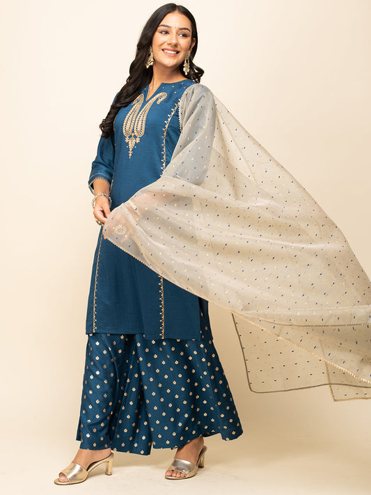 Regal Teal Zari – Embroidered Silk Blend Kurta Set with Palazzo & Organza Dupatta