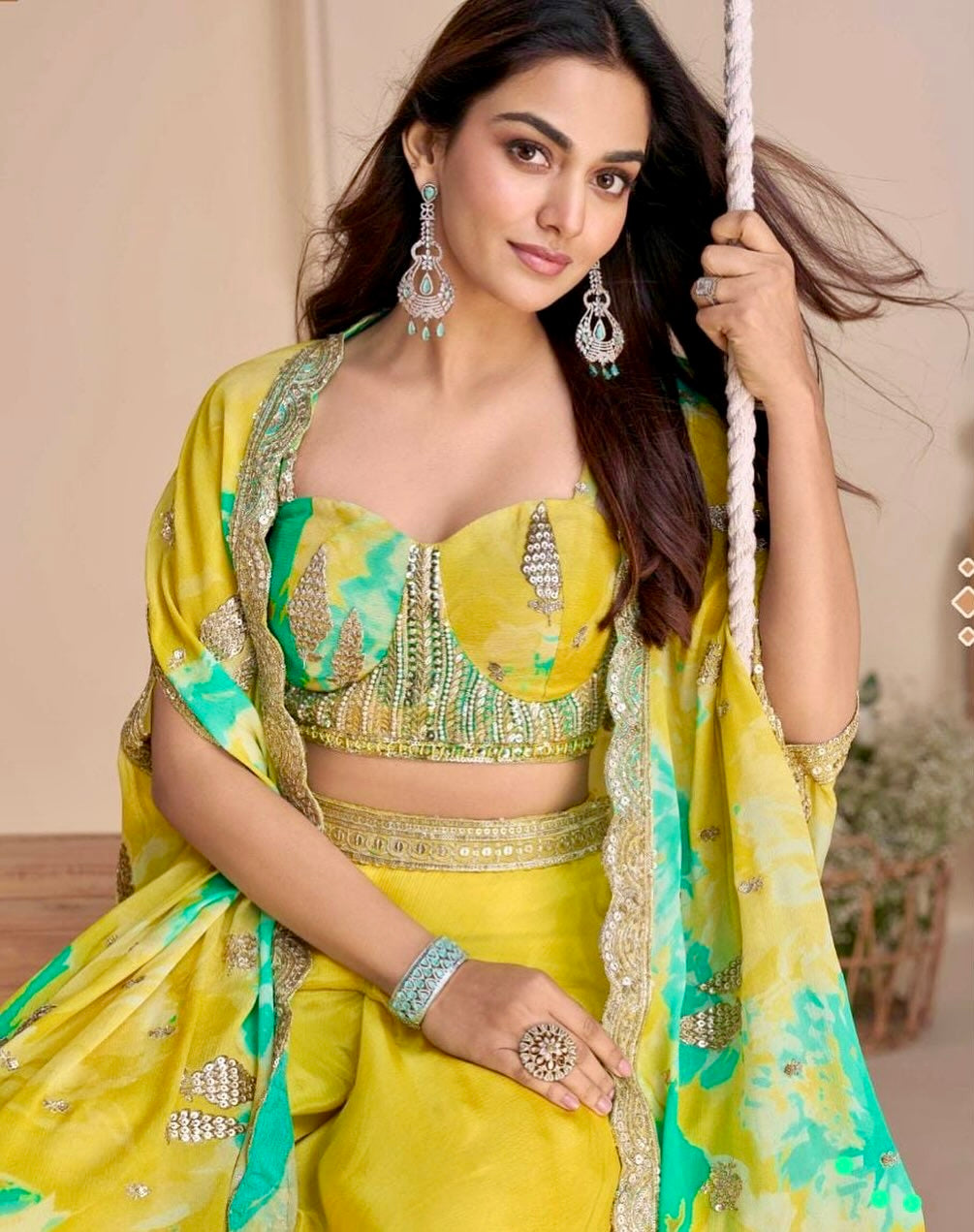 Sunshine Glamour - Yellow Chinon Silk Embroidered Cape Set with Palazzo