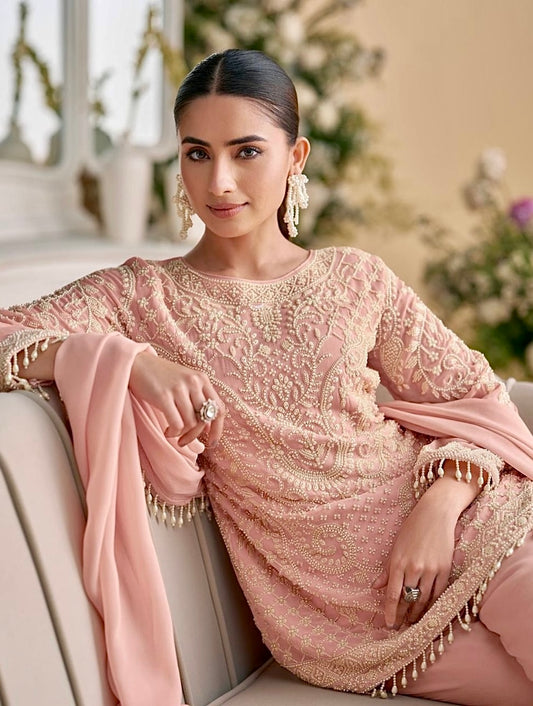Blush Elegance – Georgette Embroidered Indo-Western Suit