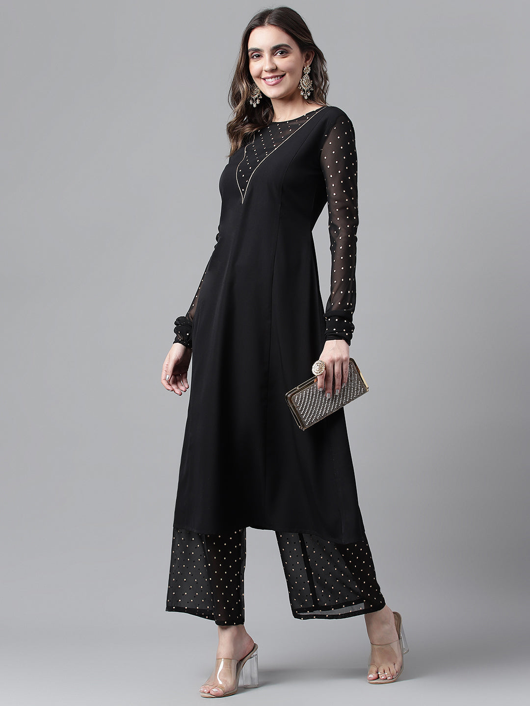 Midnight Grace – Black Sheer Sleeve Kurta with Palazzo