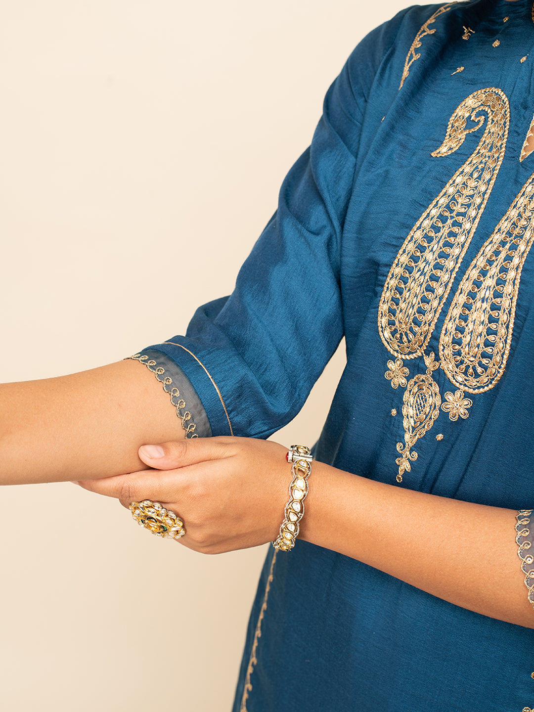 Regal Teal Zari – Embroidered Silk Blend Kurta Set with Palazzo & Organza Dupatta