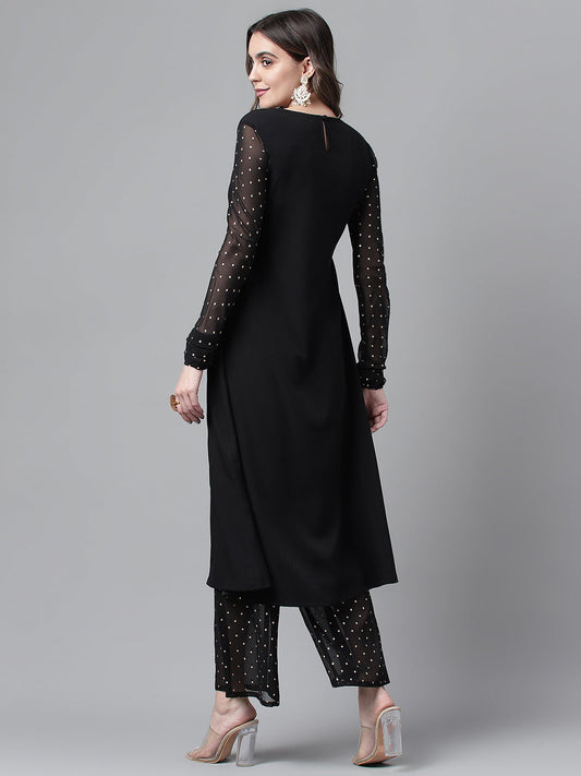Midnight Grace – Black Sheer Sleeve Kurta with Palazzo