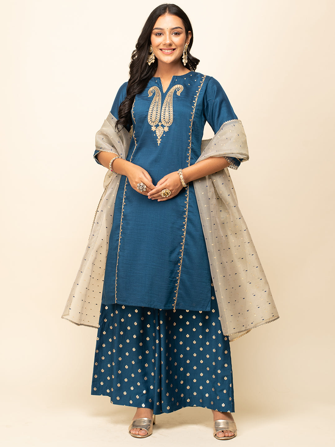 Regal Teal Zari – Embroidered Silk Blend Kurta Set with Palazzo & Organza Dupatta