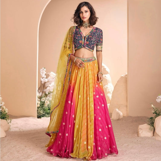 Ombre Fusion - Multicolor Viscose Jacquard Silk Lehenga