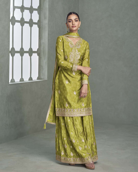 Olive Aura – Chinon Silk Party Wear Salwar Suit