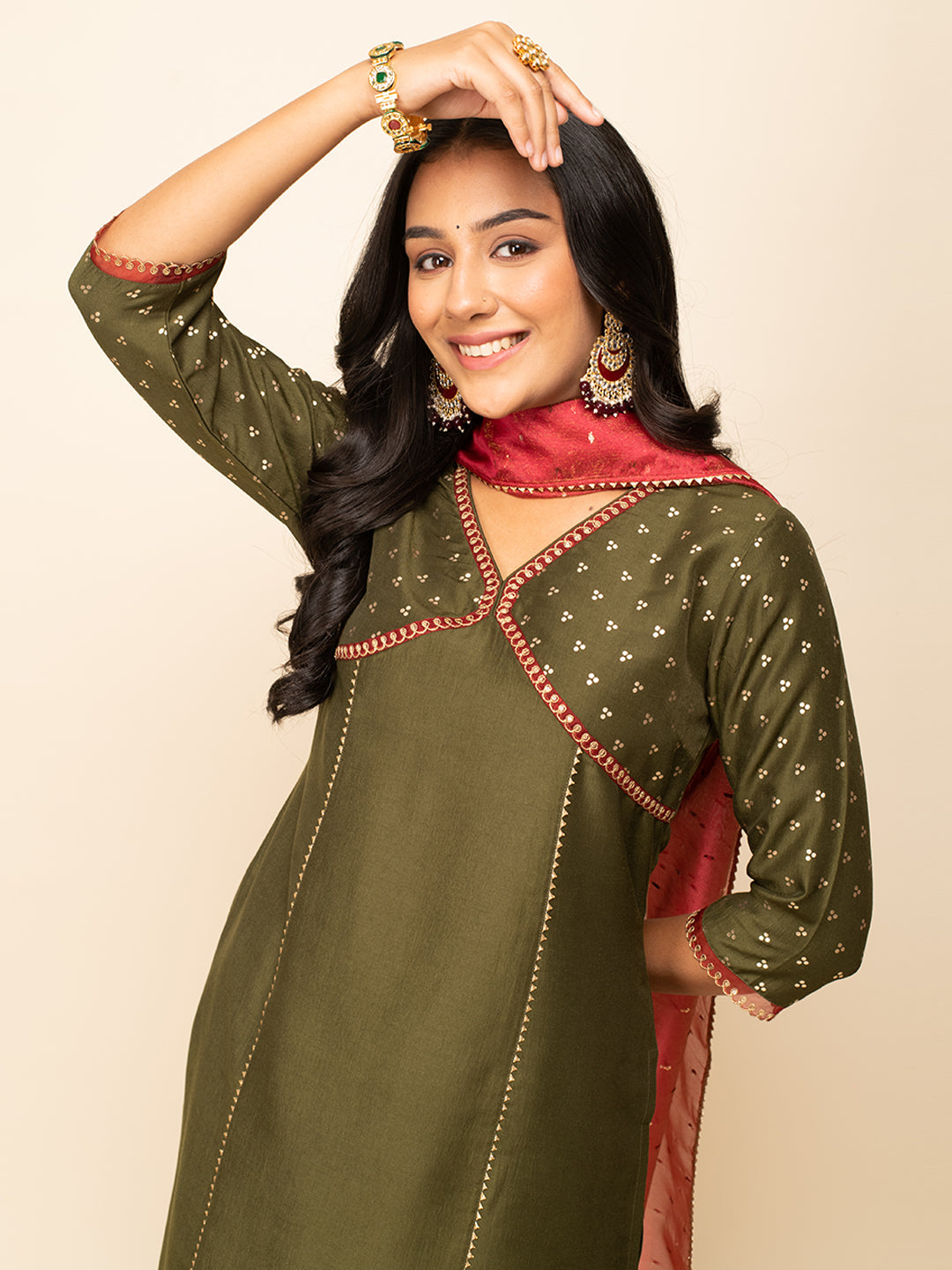 Radiant Olive Charm – Silk Blend Kurta Set with Palazzo & Crimson Organza Dupatta