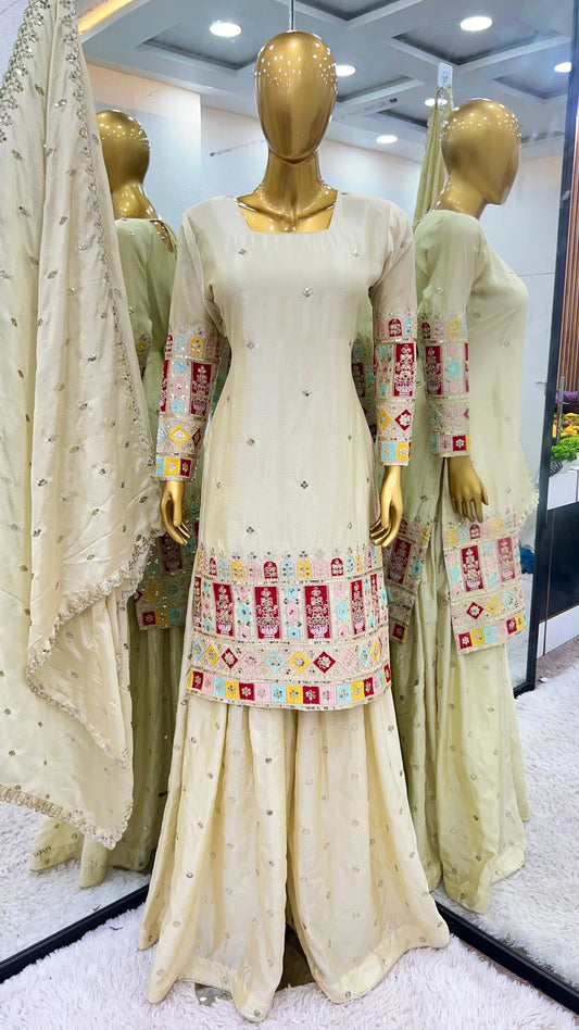 Heer Elegance - Hand Embroidered Suit in Cream Gold