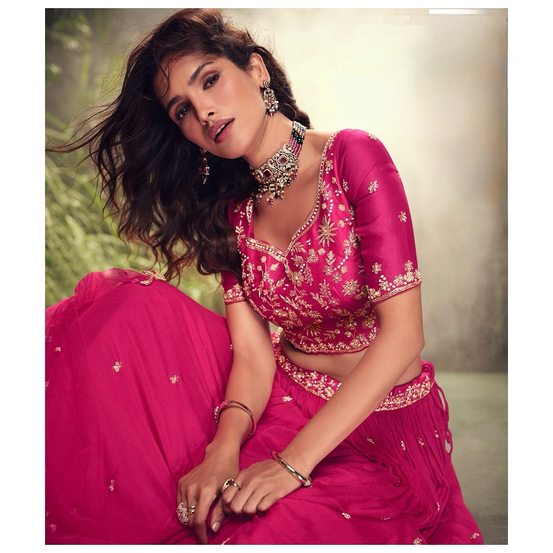 Fuchsia Bloom – Chinon Silk Embroidered Lehenga