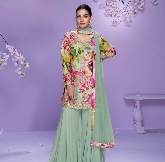 Vaani - Chinon Silk Embroidered Palazzo Suit