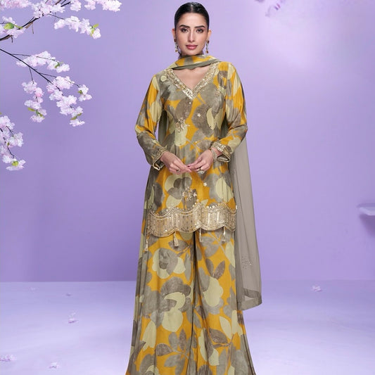 Golden Bloom – Floral Print Chinon Silk Palazzo Suit