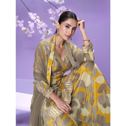 Golden Bloom – Floral Print Chinon Silk Palazzo Suit