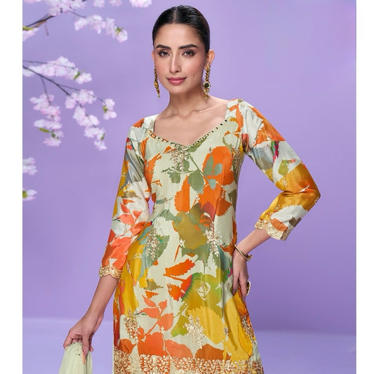 Floral Sunset - Chinon Silk Embroidered Palazzo Suit