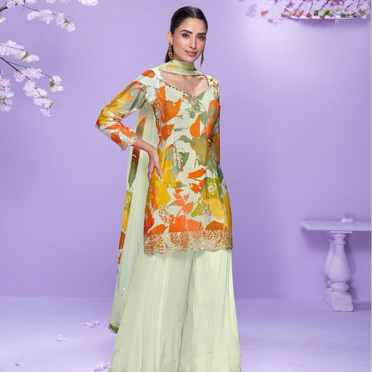 Floral Sunset - Chinon Silk Embroidered Palazzo Suit