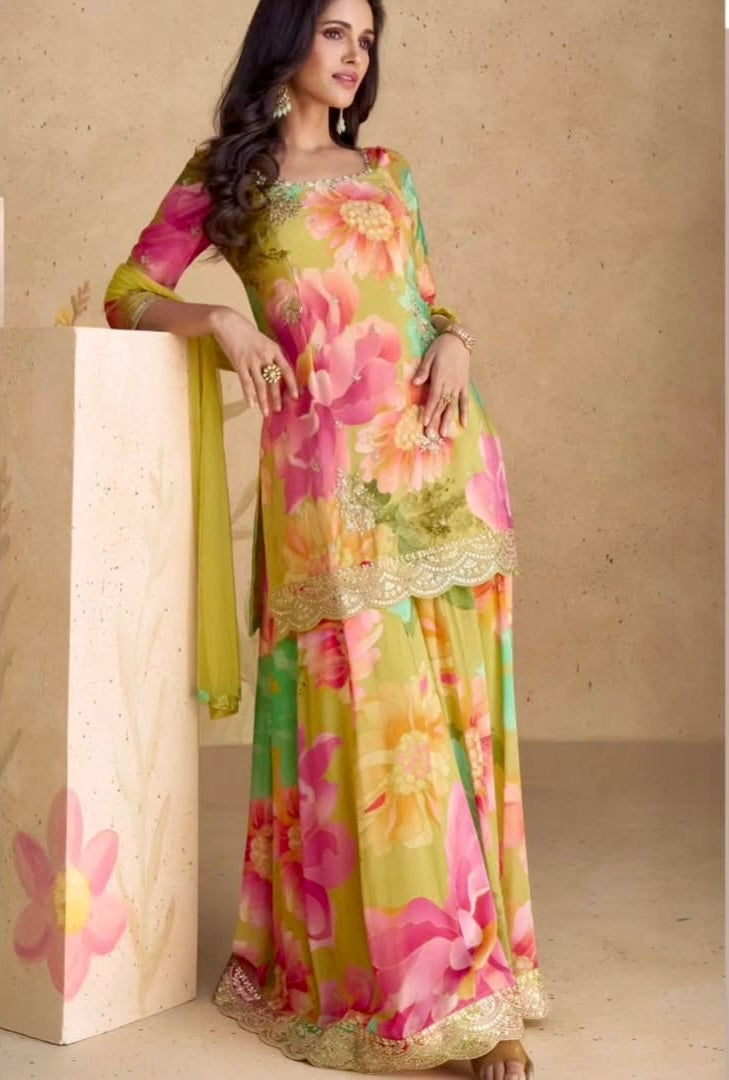 Floral Whisper - Chinon Silk Sharara Suit